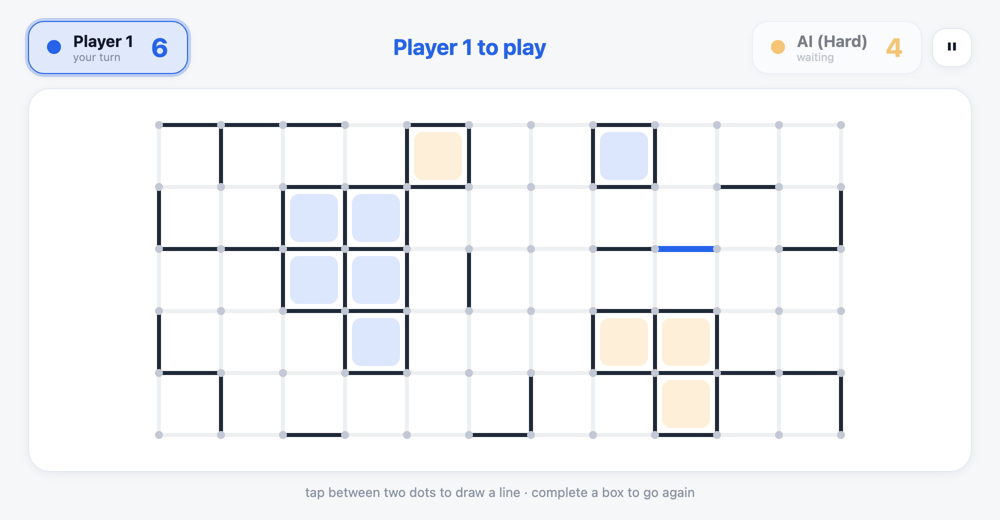Boxed In in the Minimal Studio theme: a clean white board with crisp blue and amber players.