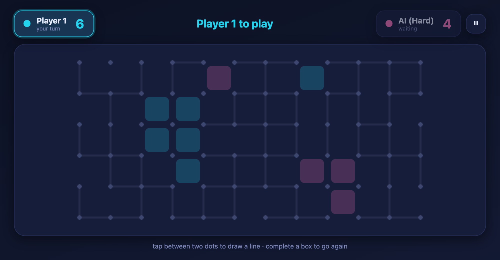 Boxed In in the Midnight Neon theme: a deep navy board glowing with cyan and pink.